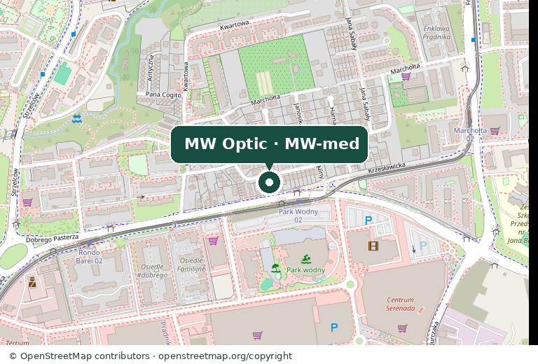 Mapa okolicy ul. Dobrego Pasterza 207a w Krakowie, z zaznaczonym budynkiem MW Optic i MW-med